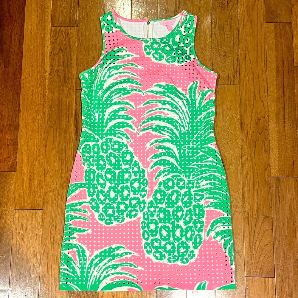 Lilly Pulitzer Perla Pink Laser Cut Scuba Shift Dress Pink and Green